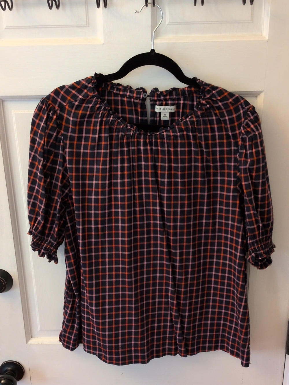 Free Assembly Navy, Orange & Pink Plaid Ruffle-Neck Blouse